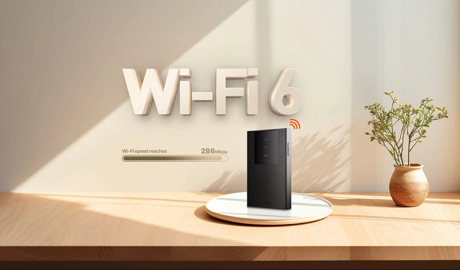 Tenda MF3 na stoliku, w tle napis Wi-Fi 6 oraz demonstracja prędkości przesyłania