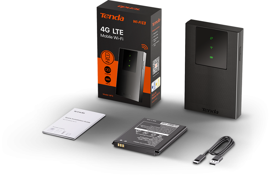 Zestaw Tenda MF3 - zawartość pudełka - router, bateria, kabel USB-C, przewodnik szybkiej obsługi