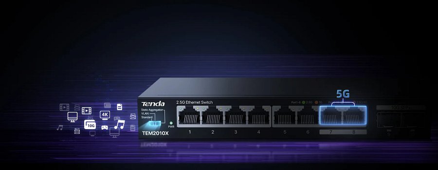Switch Tenda TEM2010X tryb agregacji statycznej, porty 7 i 8 łączą się w jeden superport