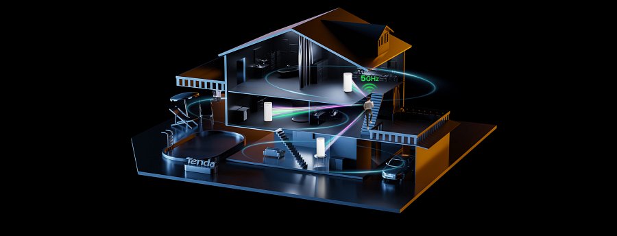 Trójwymiarowy model domu; człowiek przechadza się po schodach - z jego urządzenia biją fale 5 GHz - łączą się z nim umieszczone w różnych miejscach węzły systemu Mesh Wi-Fi Tenda EE3 Pro